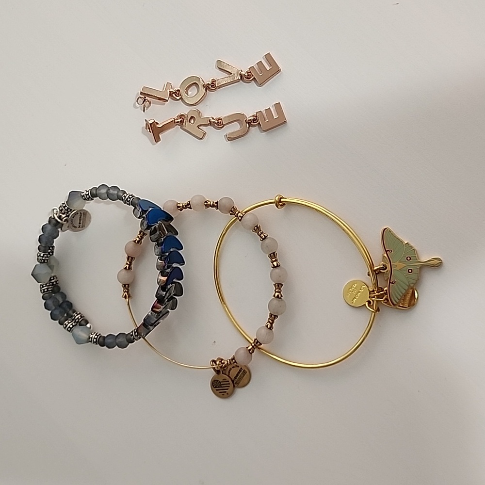 3 Alex and Ani bracelet with True Love Alex and Ani earrings.  Hardly worn.